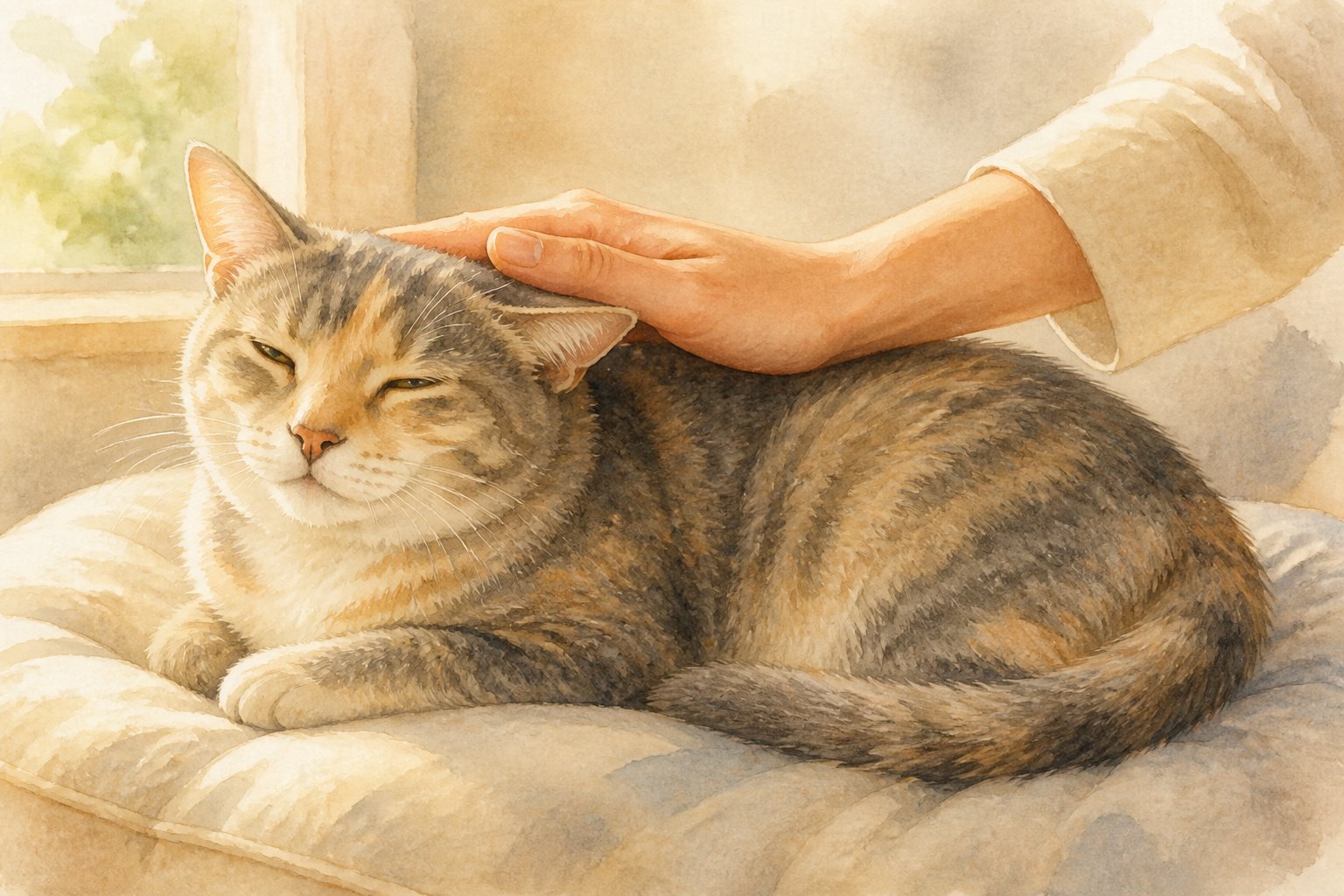 A relaxed cat is gently stroked along its back by a human hand in a cozy home.