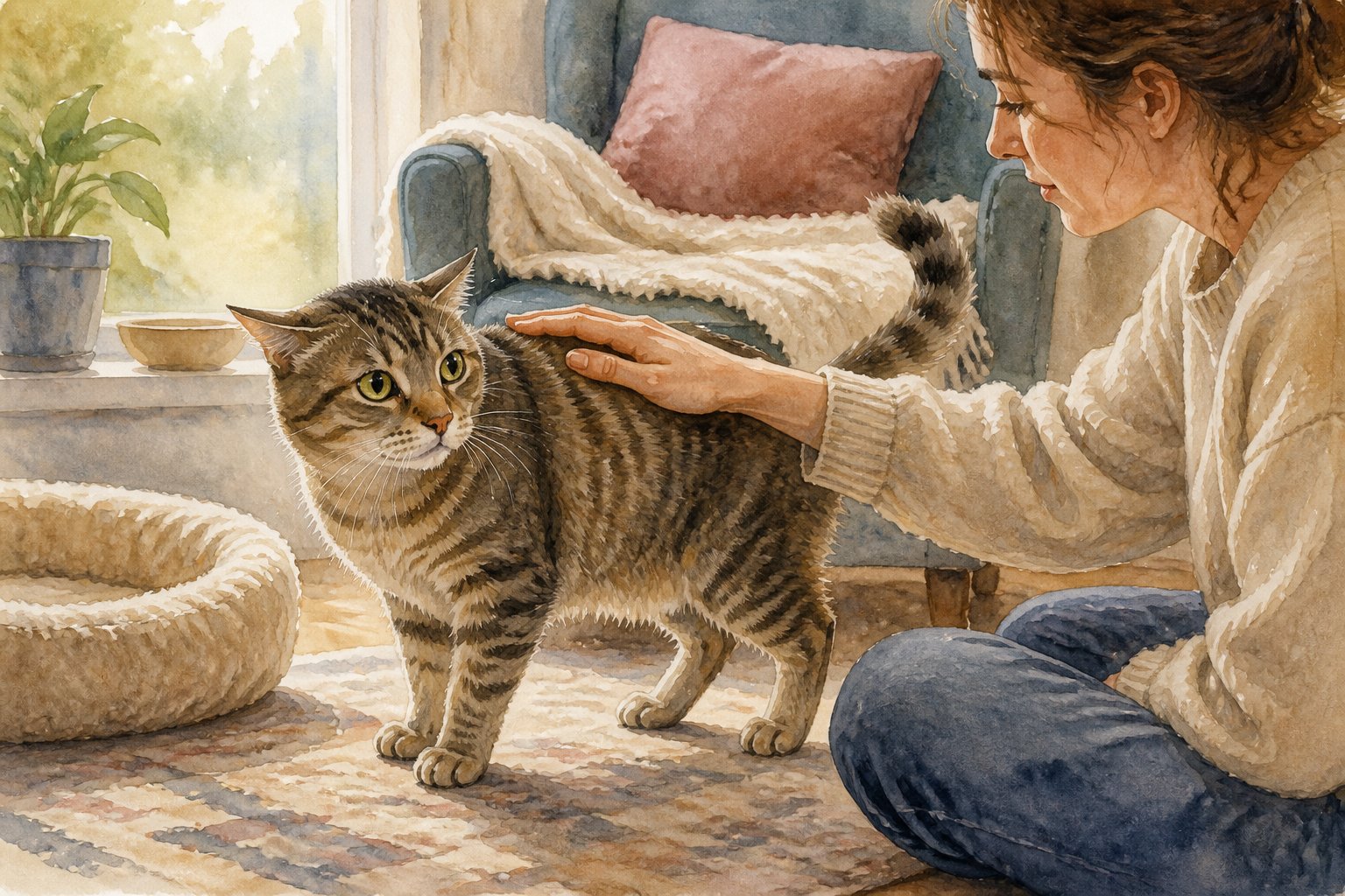 A person pauses while petting a cat that shows subtle signs of overstimulation, including sideways ears and a flicking tail.