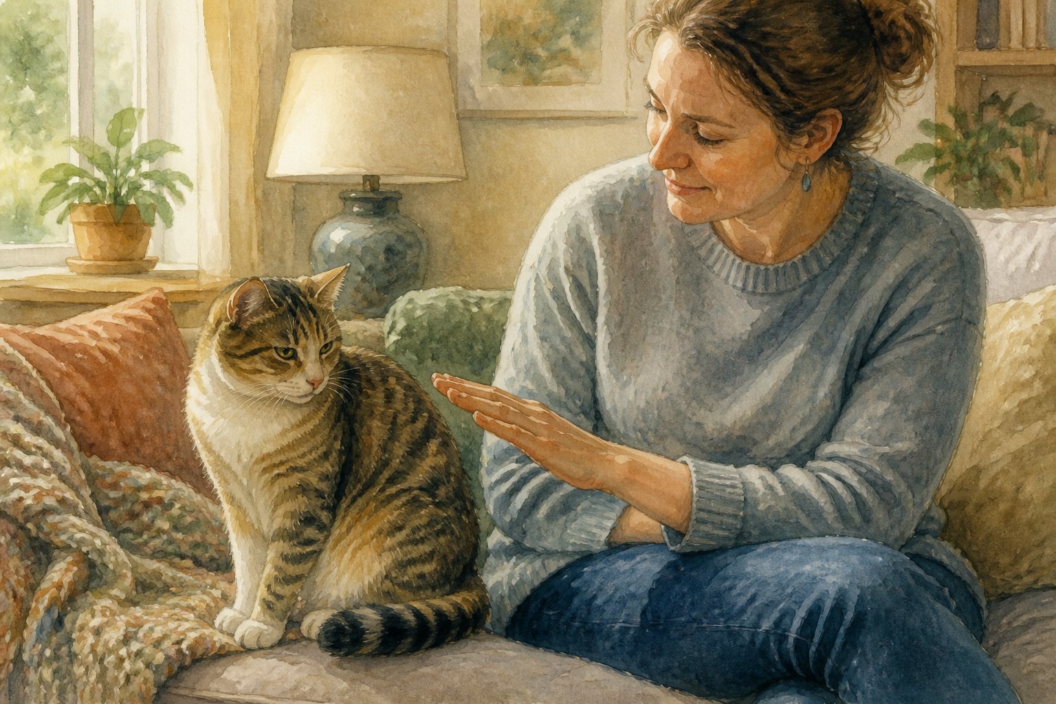 A relaxed cat chooses whether to approach a person’s gently offered hand in a quiet home.