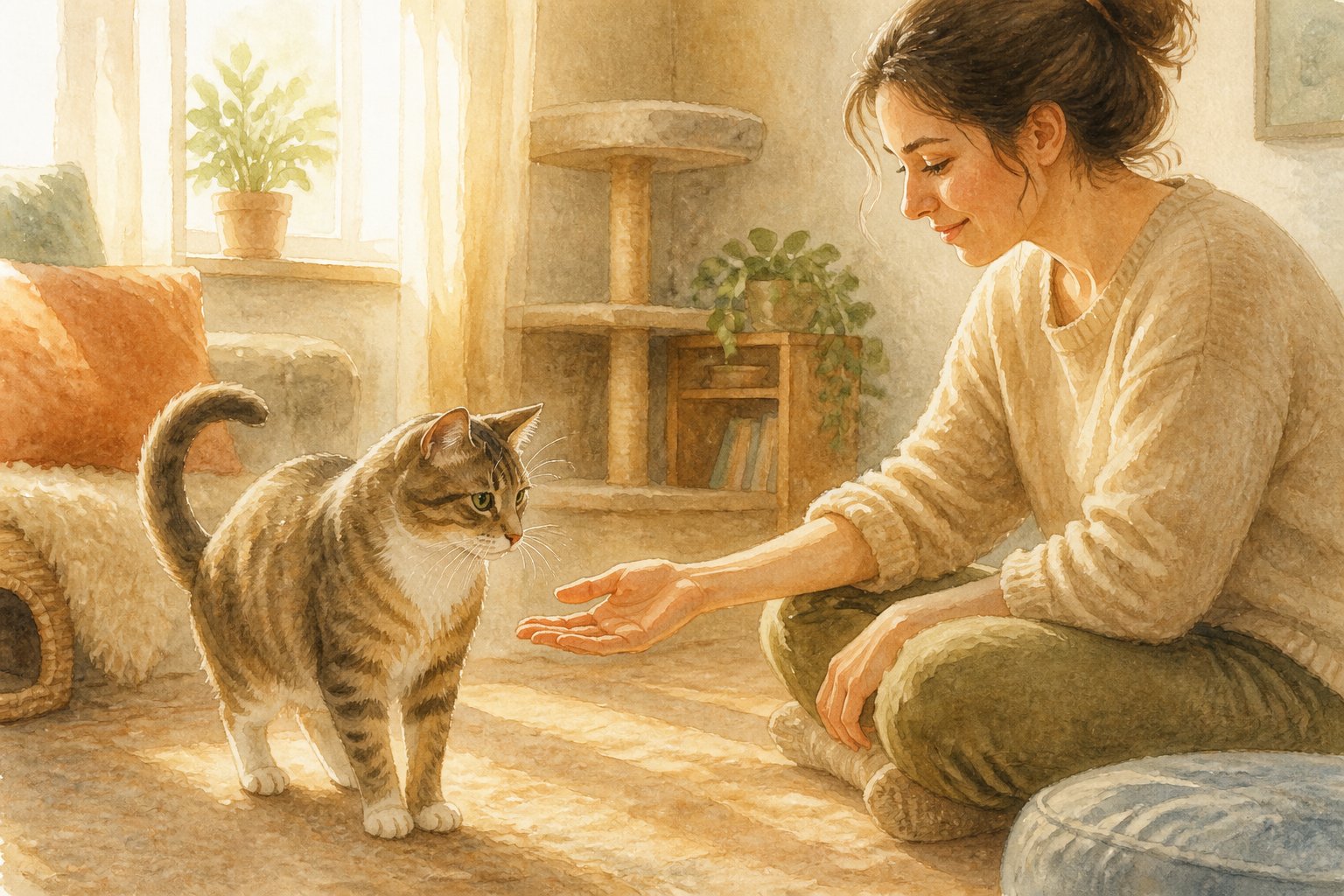 A person gently offers an open hand to a relaxed cat in a cozy living room.