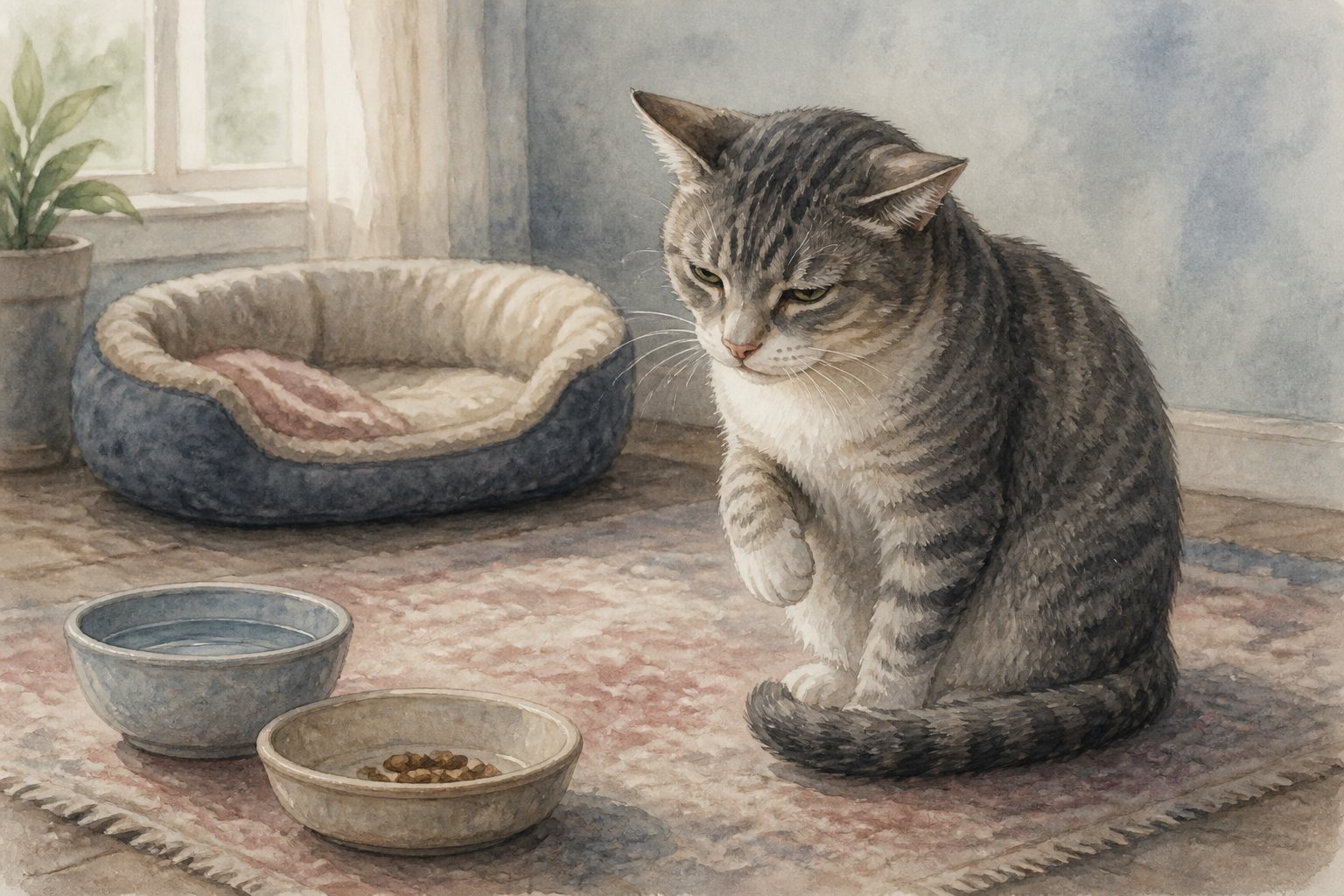 A tense cat sits hunched on a rug beside untouched food and water bowls.