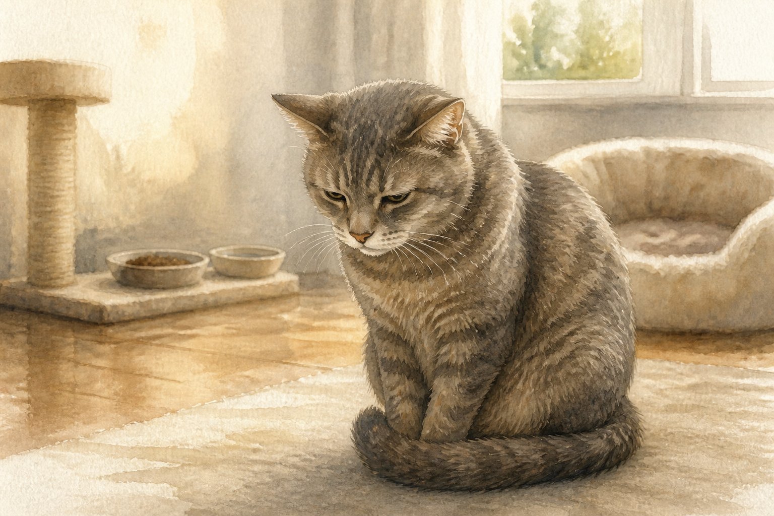 A cat sits tensely and withdrawn in a quiet home beside its resting area.