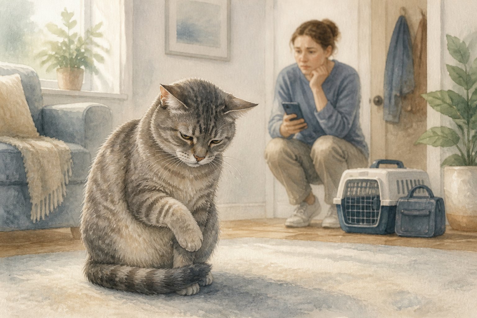 A quiet cat sits hunched and withdrawn while a concerned owner prepares to contact a veterinarian.