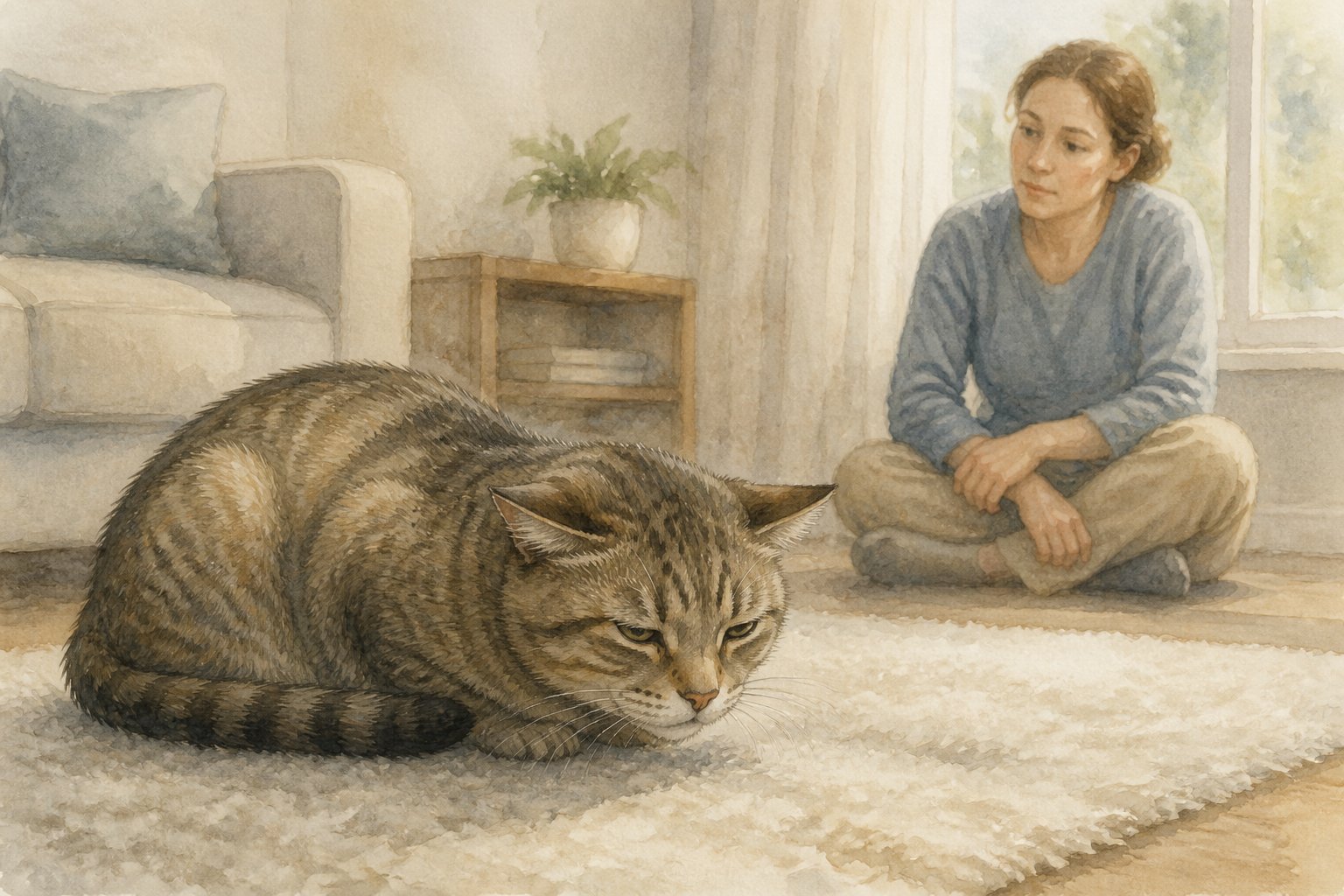 A cat sits hunched on a rug while a concerned person watches from nearby.
