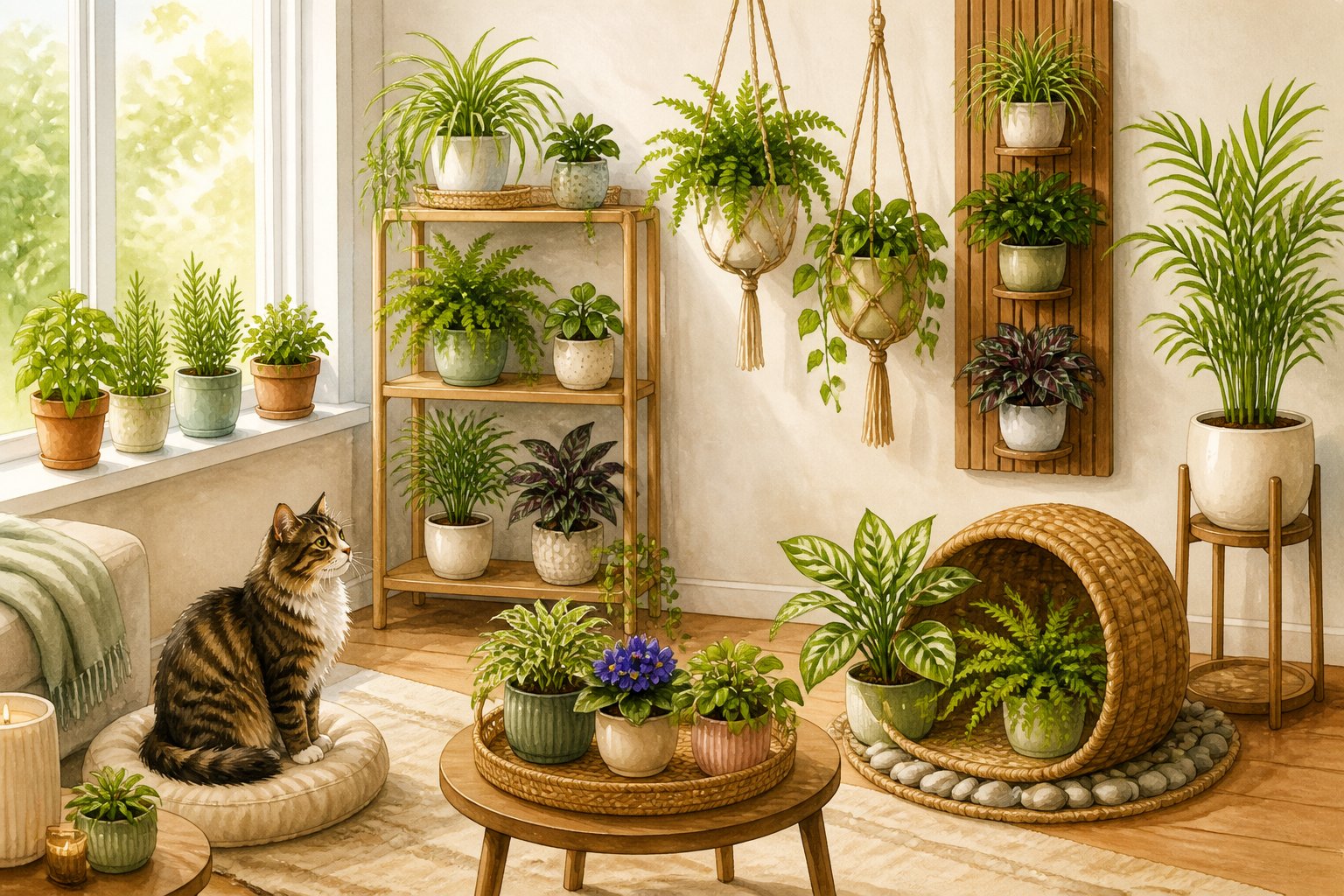 A cat-friendly indoor garden with seven arrangements of green houseplants in a bright, cozy room.