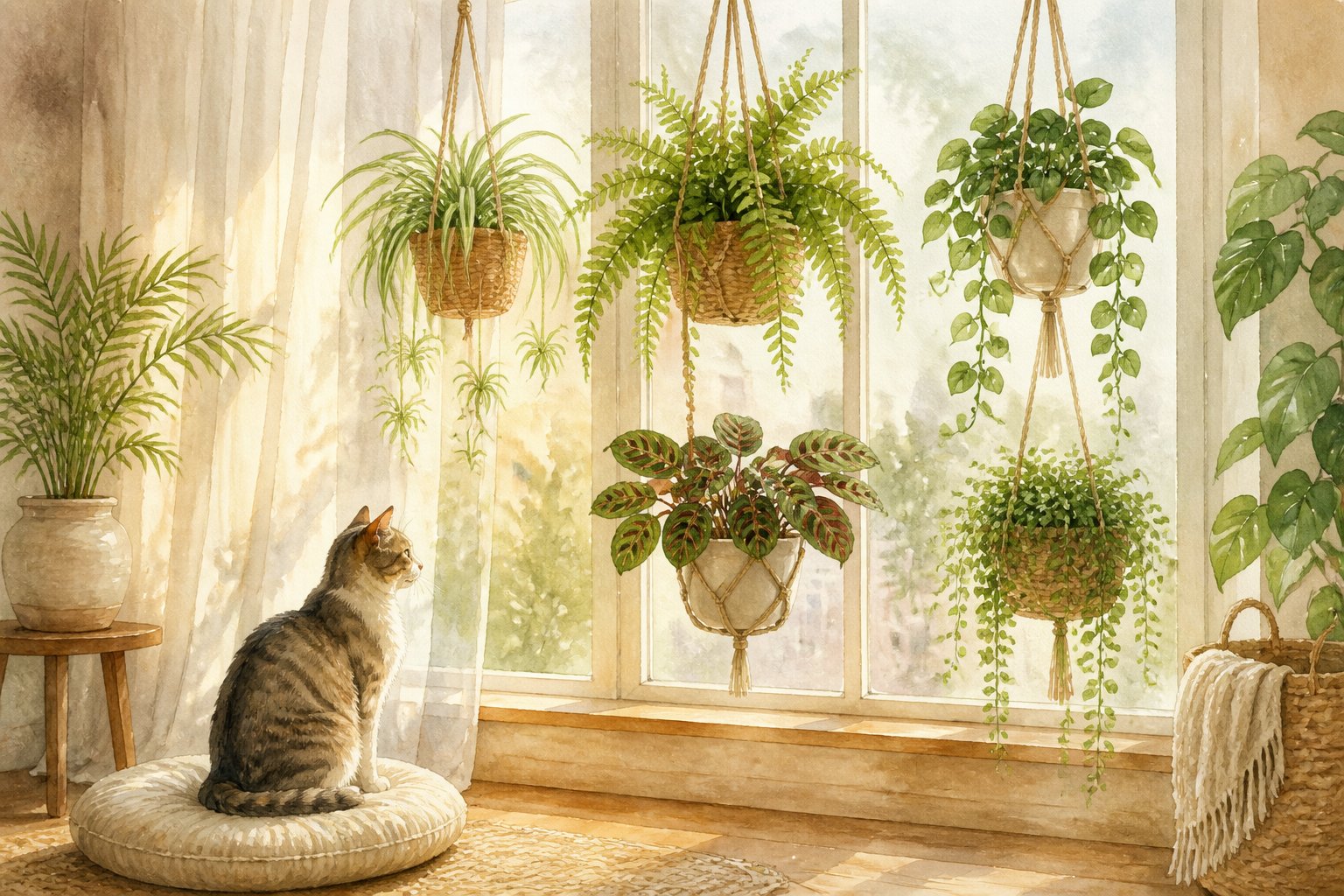 A cat sits beneath a sunny window decorated with hanging green plants.
