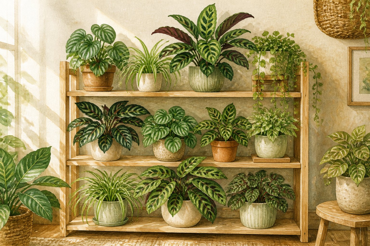 A wooden shelf displaying a variety of patterned green houseplants in decorative pots.