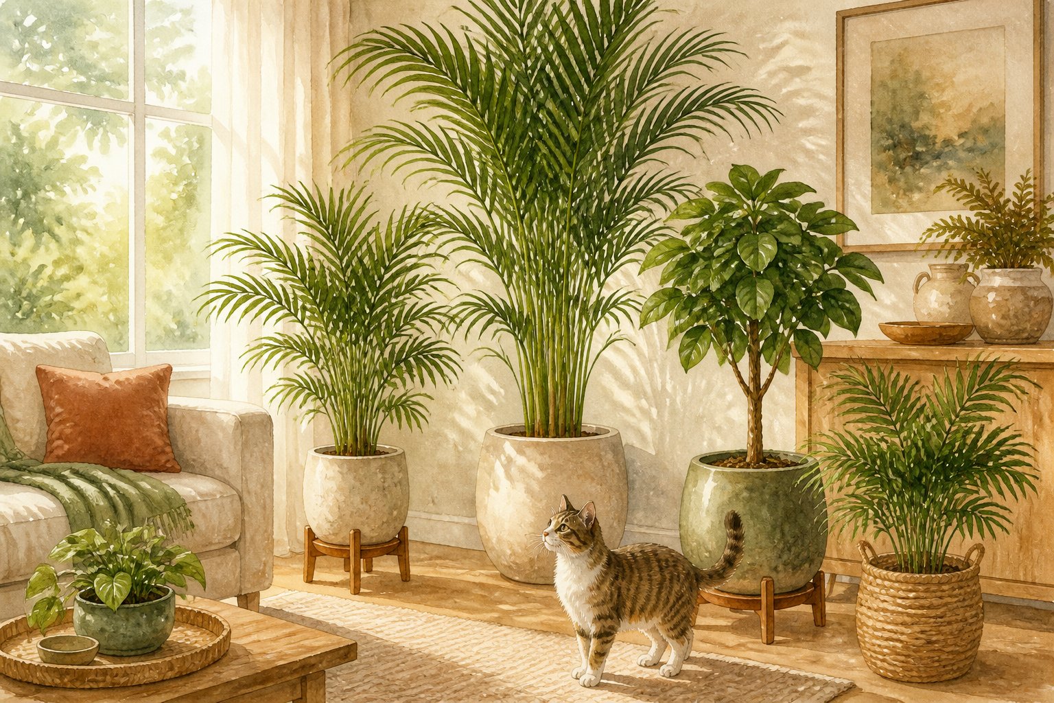 A cat explores a bright living room filled with tall palms and indoor trees in decorative pots.