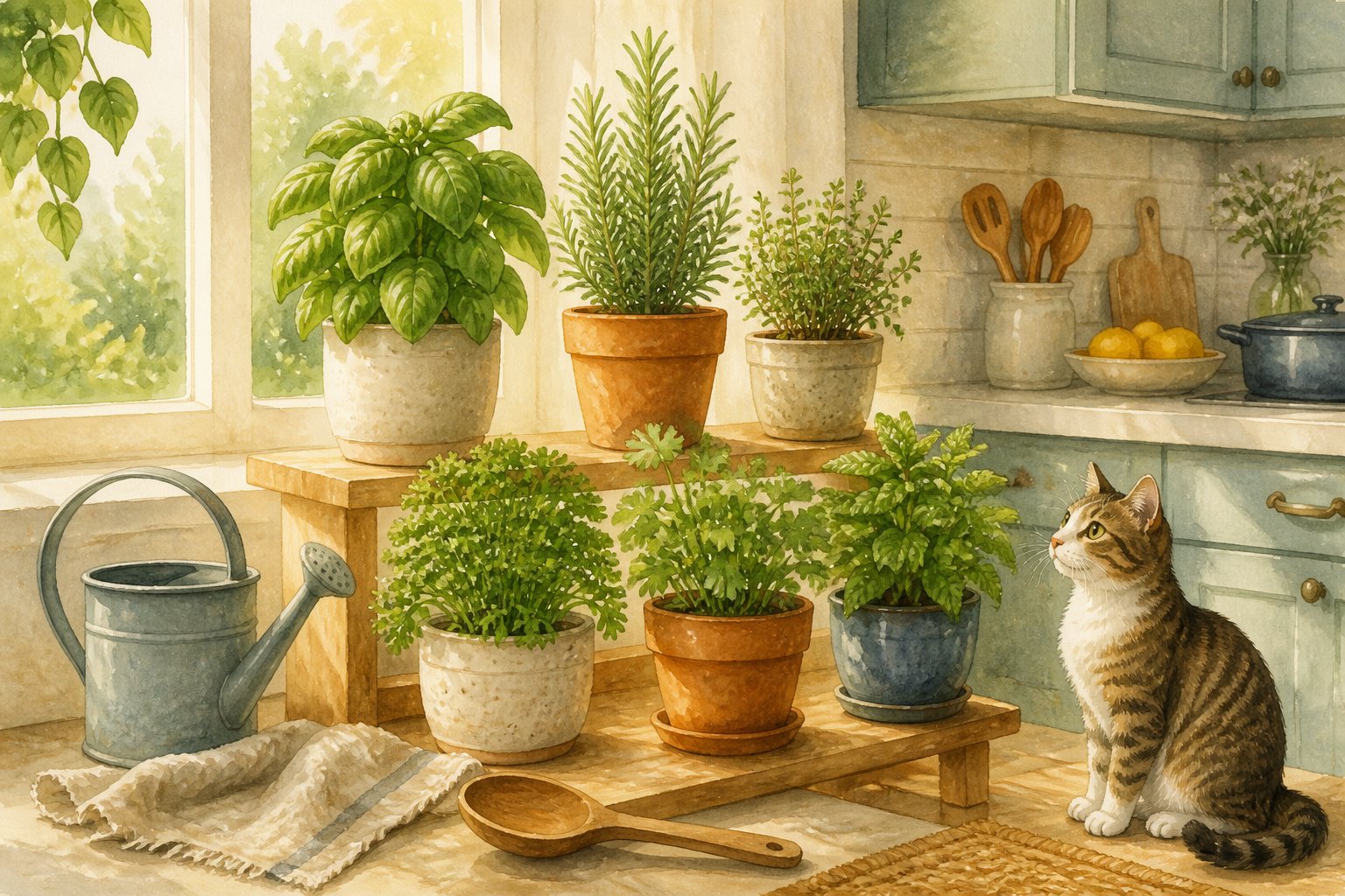 A cat-safe kitchen herb corner with potted culinary herbs, a watering can, and a curious cat.