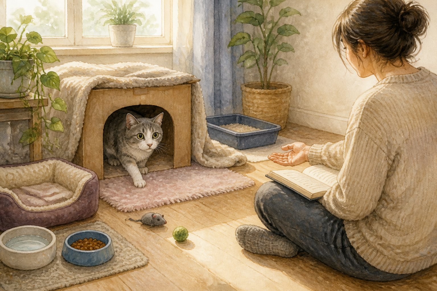 A frightened shelter cat cautiously emerges from a cozy hiding place while a person sits quietly nearby.
