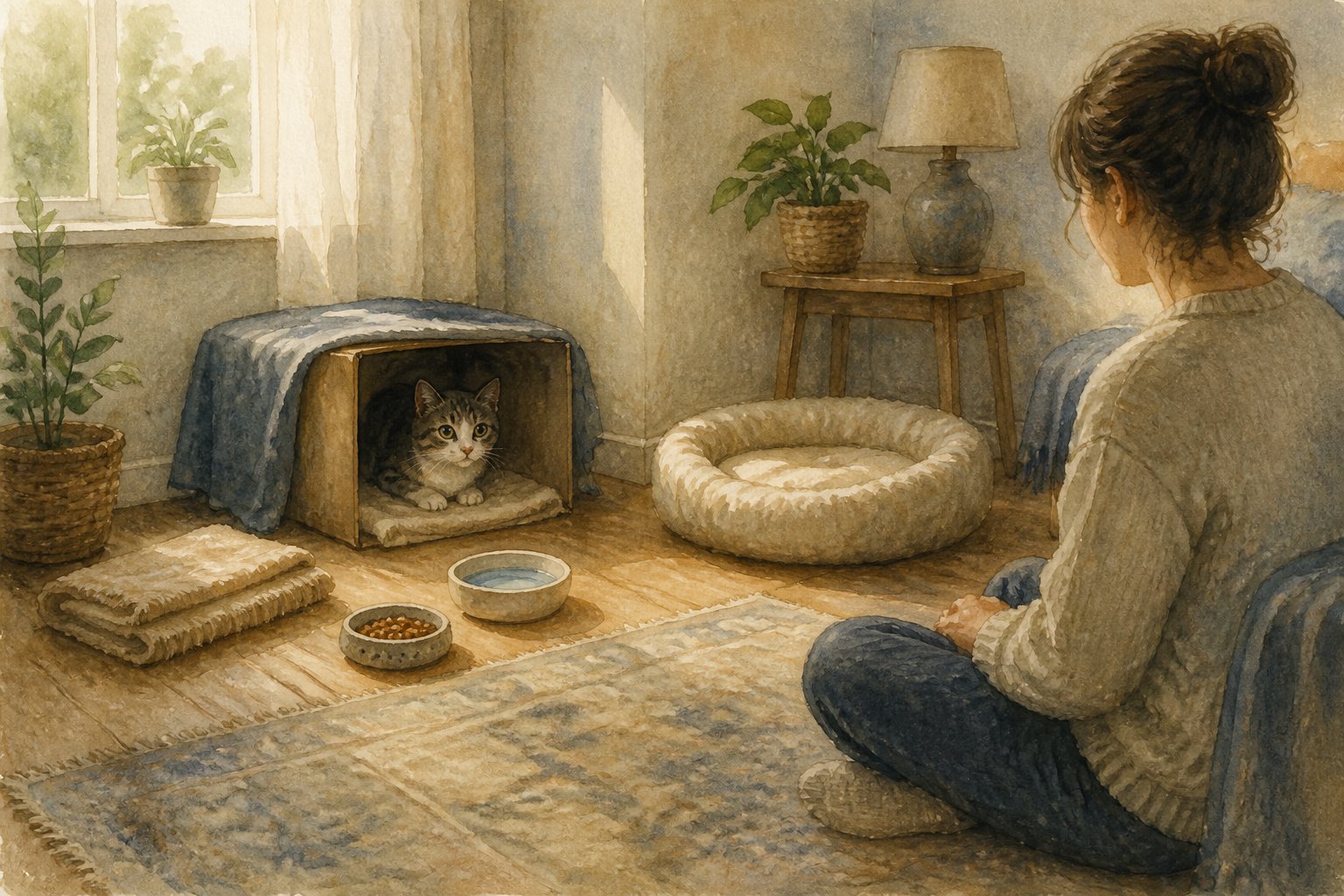 A frightened shelter cat rests in a quiet corner while a person sits nearby, with food, water, and a blanket within reach.
