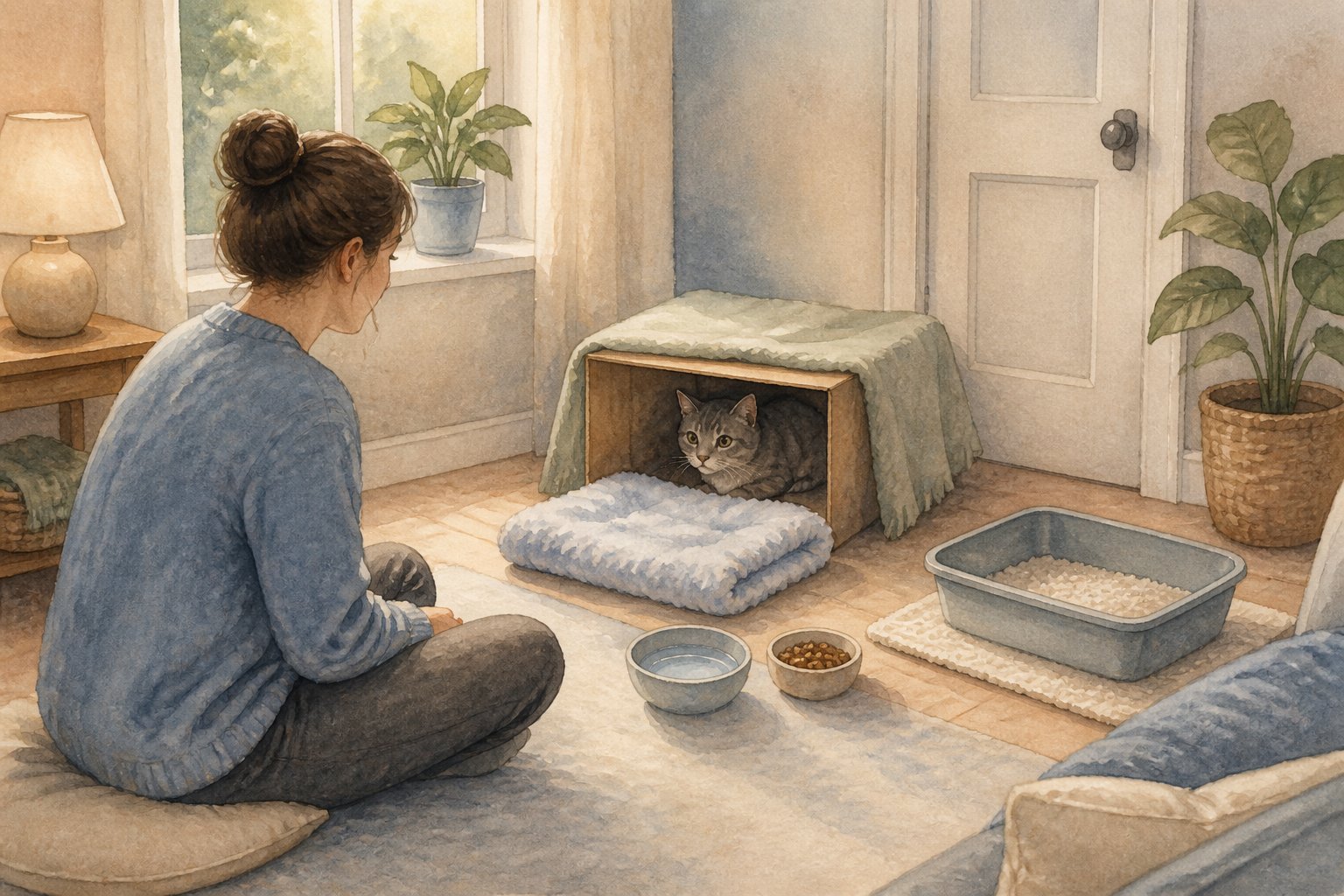 A frightened shelter cat rests in a quiet room near food, water, a litter box, and a seated caregiver.
