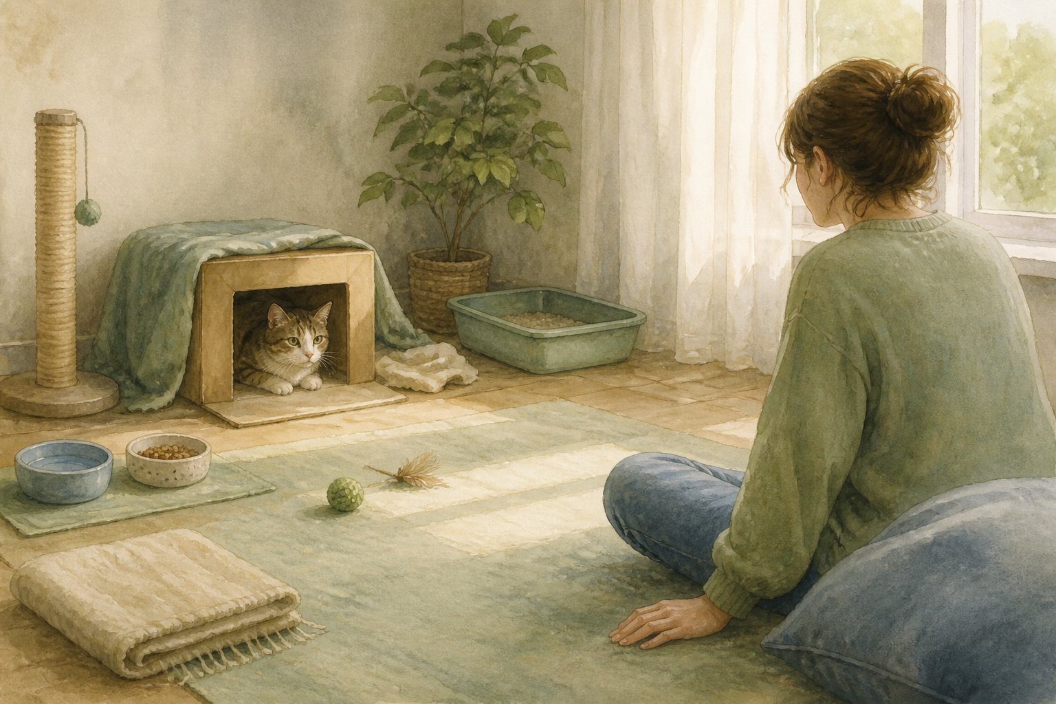 A frightened shelter cat rests in a covered bed while a person quietly sits nearby in a calm, prepared room.