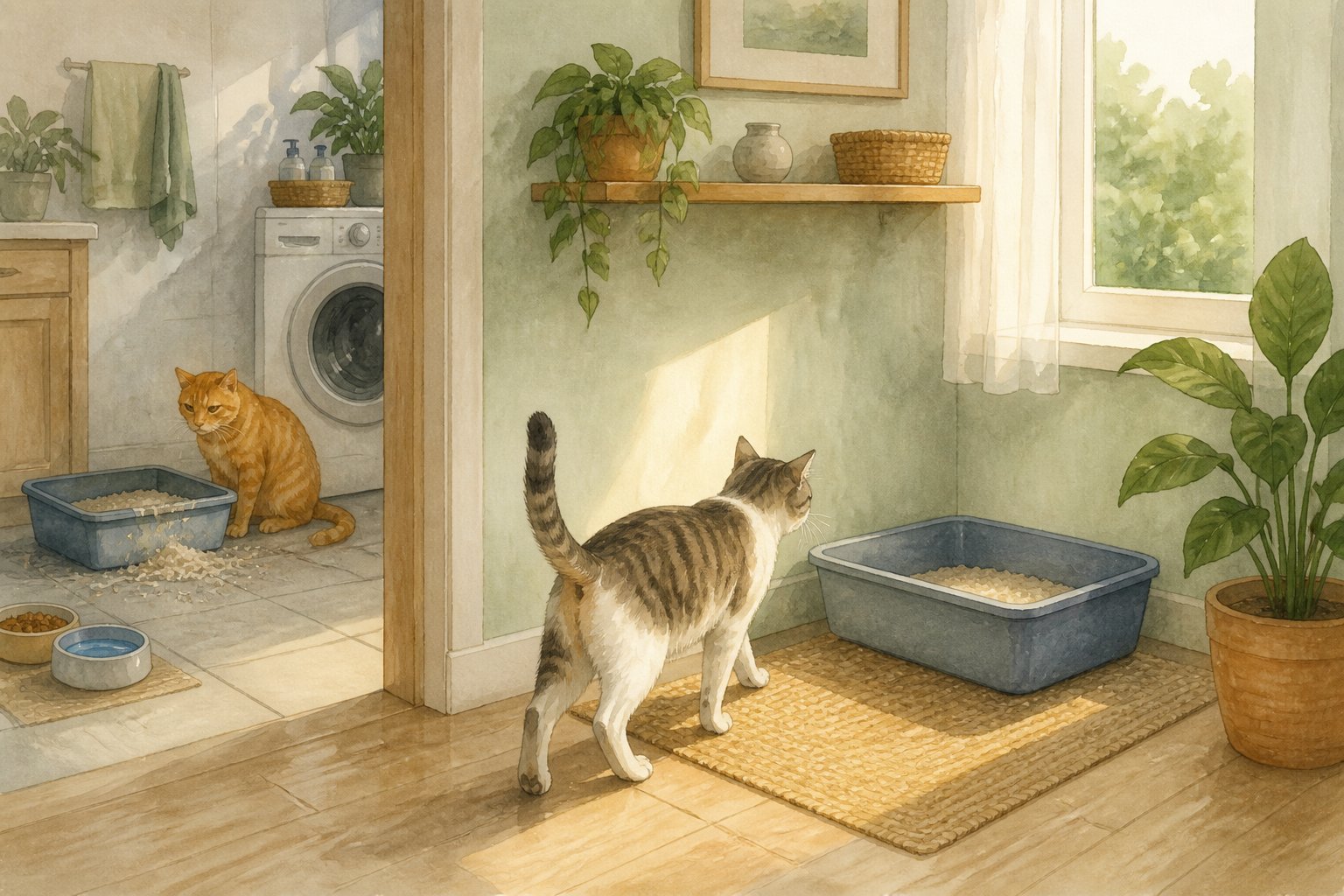 A cat approaches a clean litter box in a quiet corner while another cat stands near a poorly placed, untidy litter box.