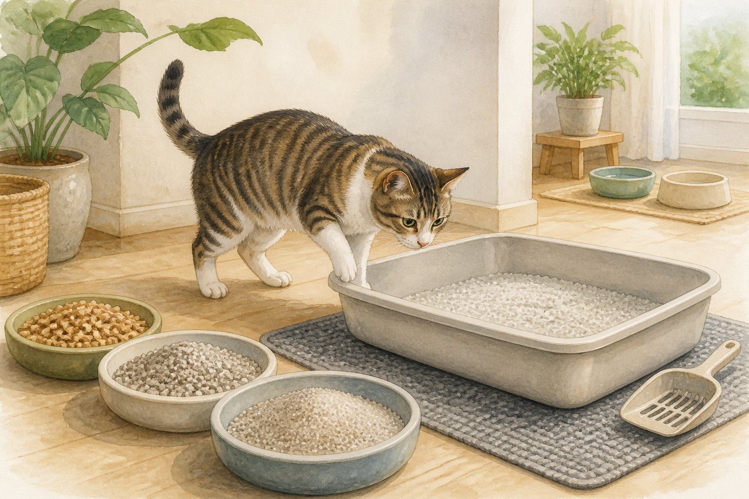 A cat examines a clean litter box beside several unmarked litter samples in a tidy home.