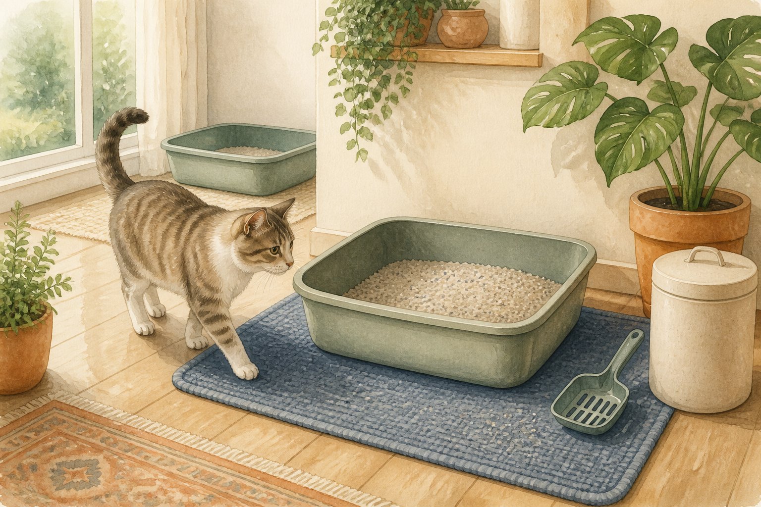 A relaxed cat approaches a clean litter box in a tidy, comfortable corner of a home.