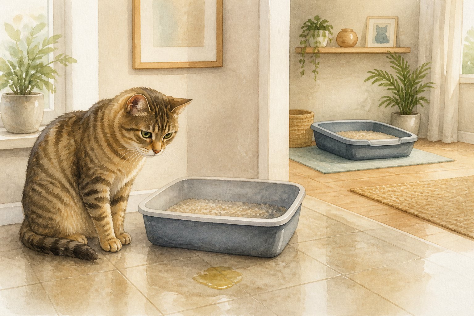 A concerned cat sits beside a litter box with a small mess nearby, illustrating a common litter box mistake.