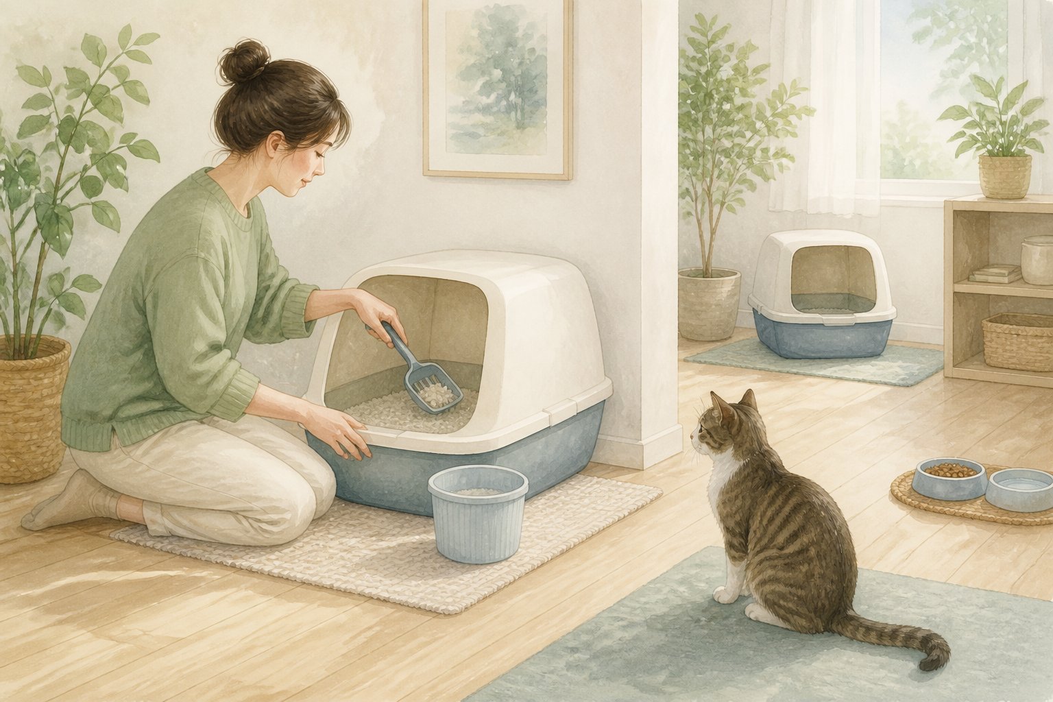A relaxed cat watches as a person calmly cleans a litter box.