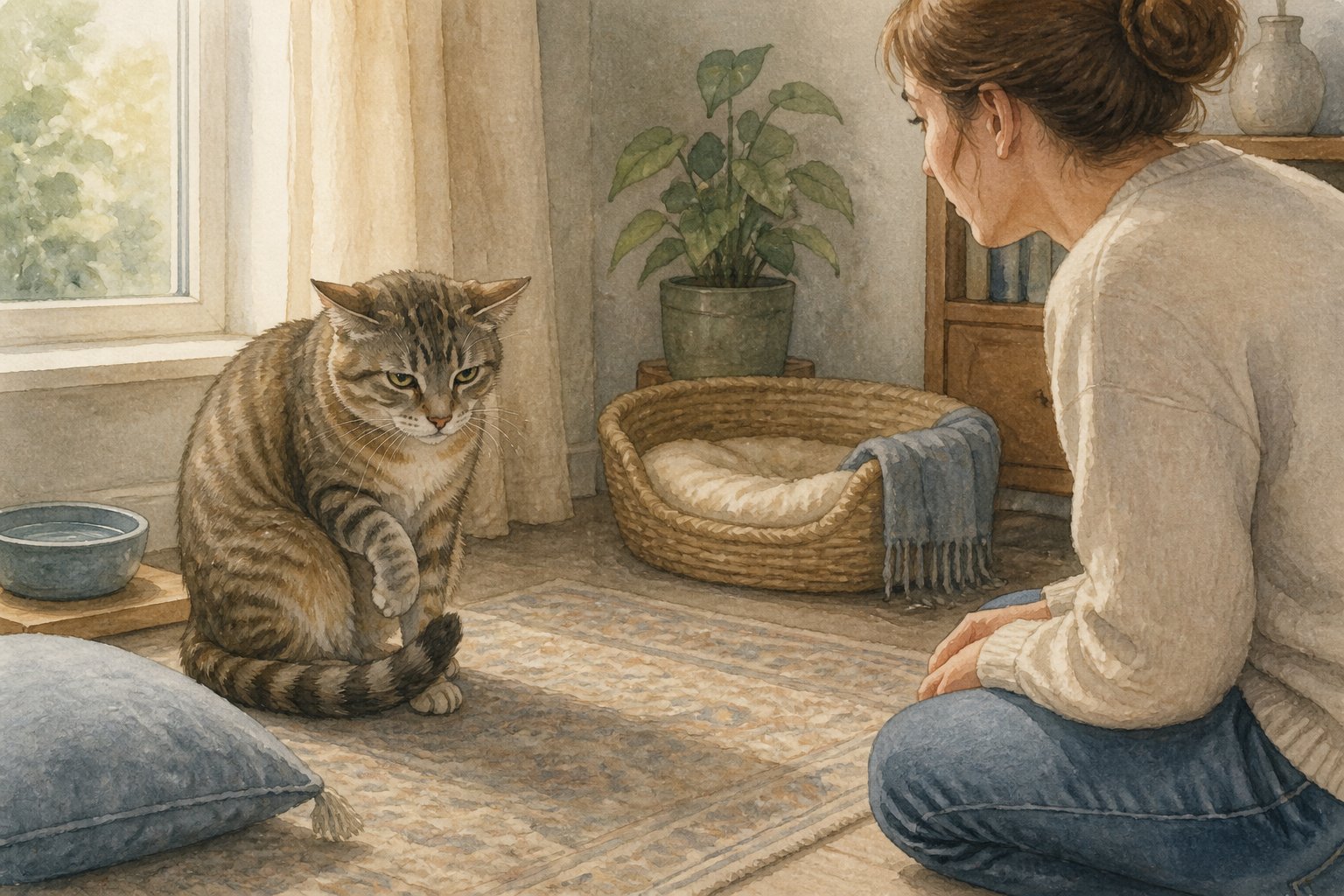 A hunched cat sits tensely while a concerned owner observes from nearby.
