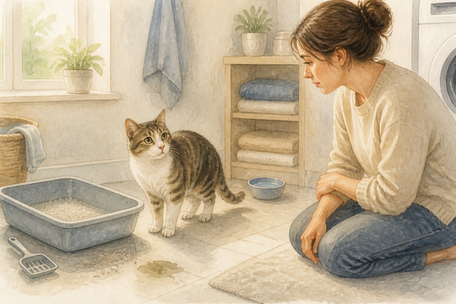 A concerned cat stands beside a litter box while its owner kneels nearby and observes it gently.