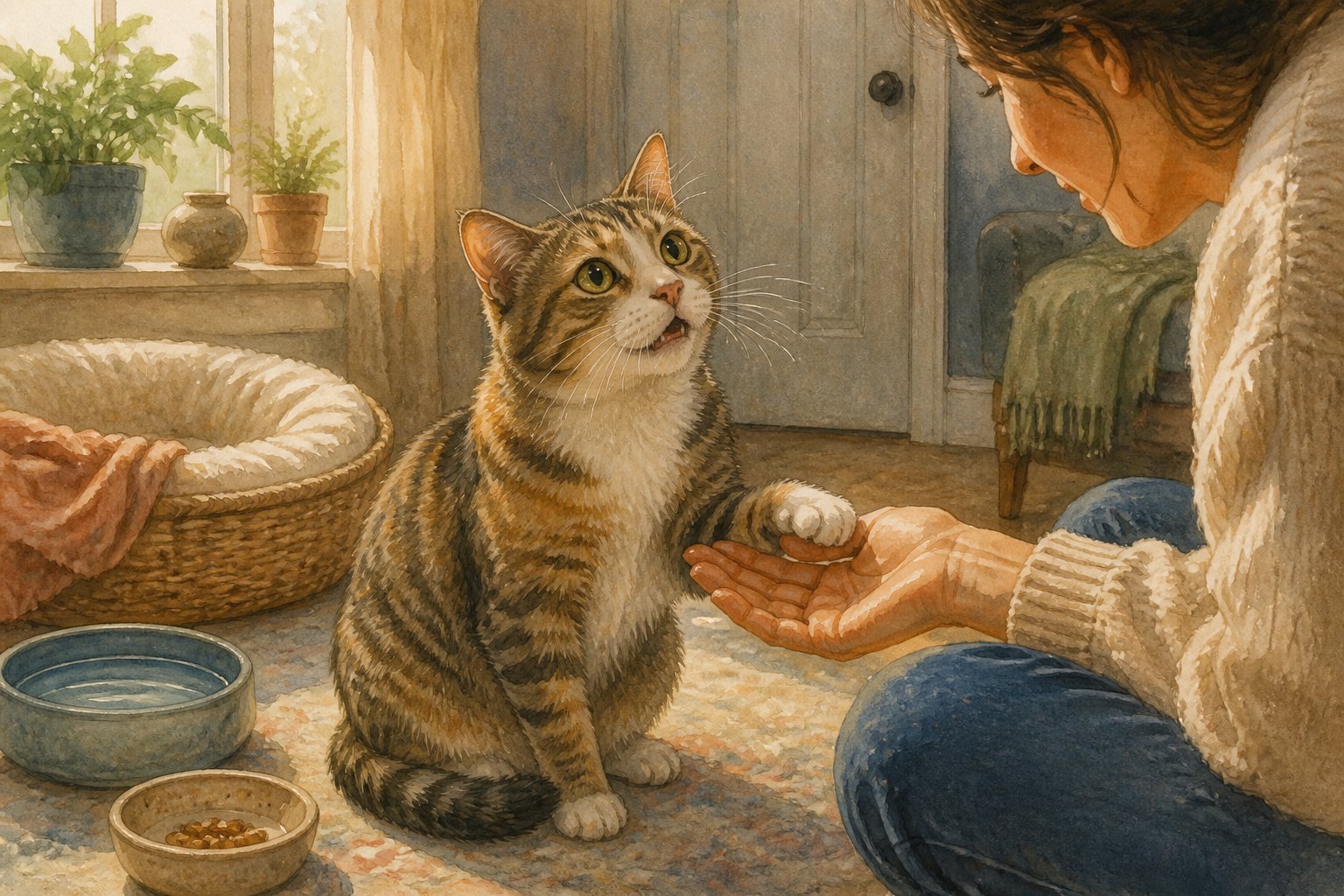 A cat looks up at its owner while gently touching the owner’s hand, with food and water bowls nearby.