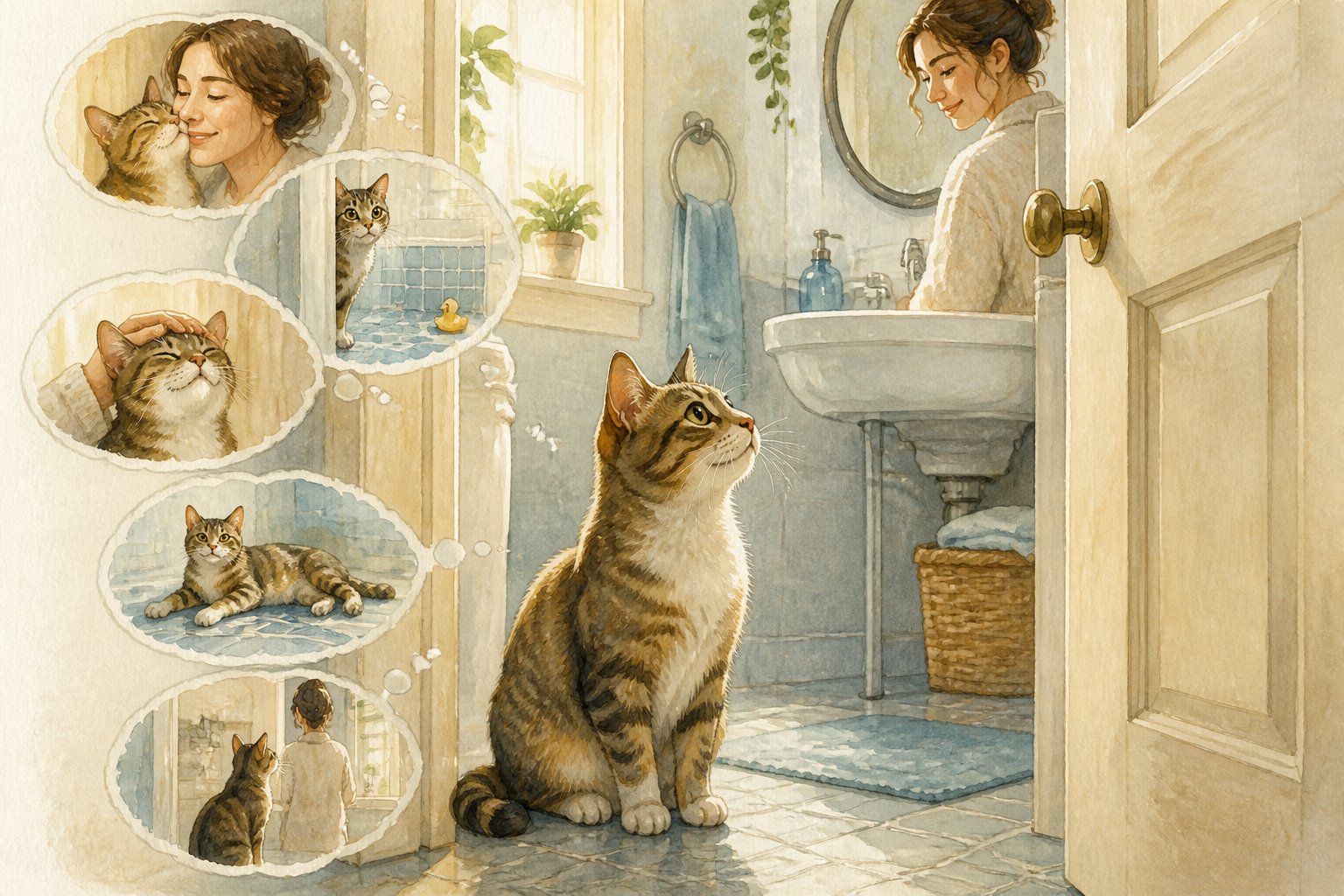 A curious cat sits in the doorway of a bathroom while its owner stands near the sink.