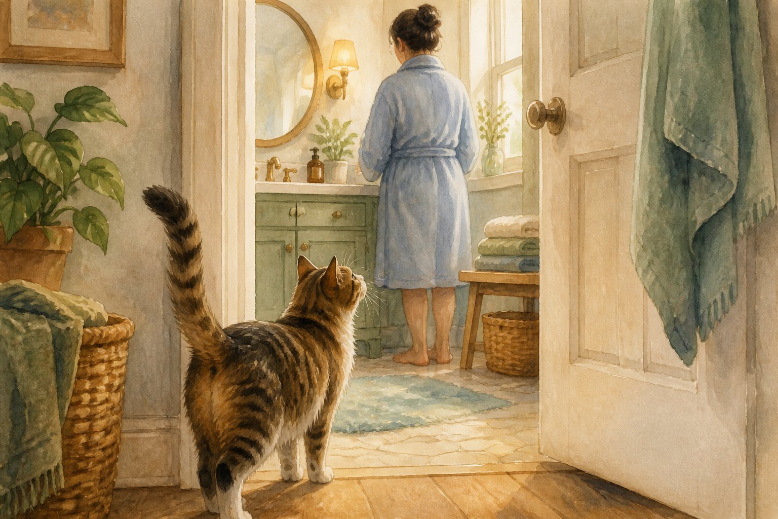 A cat follows its person into a softly lit bathroom, standing nearby with its tail raised.