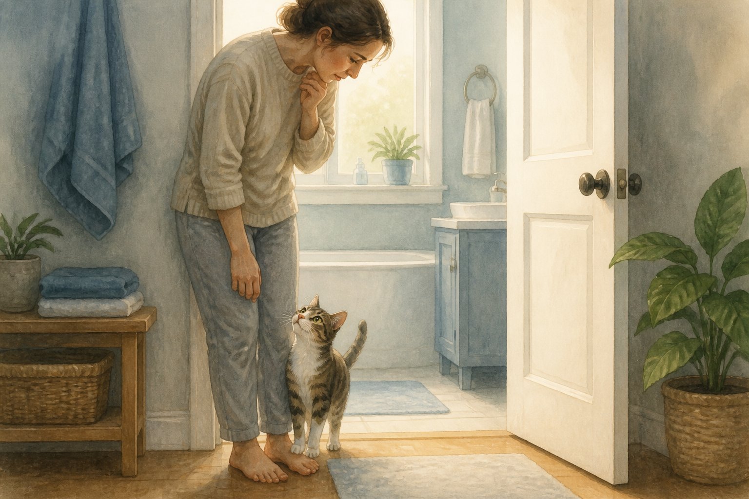 A concerned person looks down at a cat following them into a softly lit bathroom.