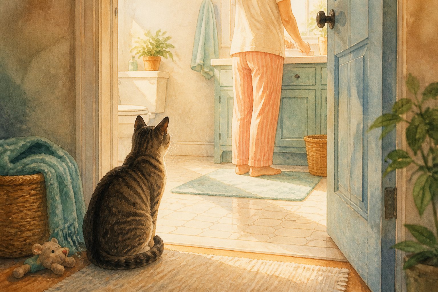 A relaxed cat sits outside a bathroom doorway, calmly watching its person.