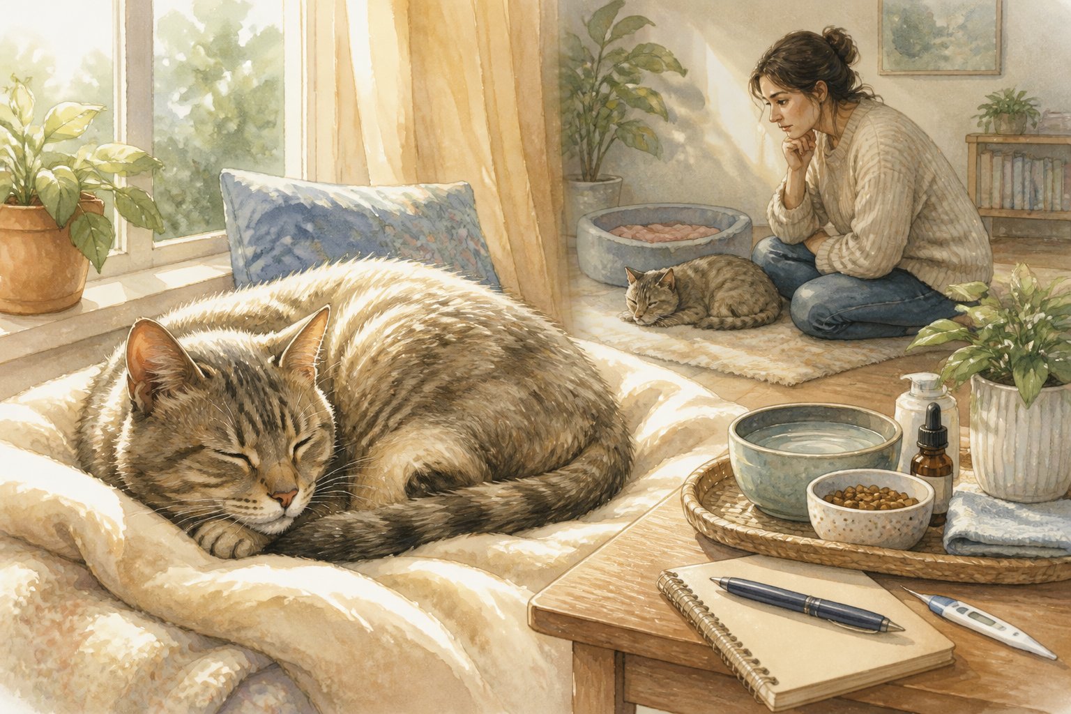 A sleeping cat rests on a blanket in sunlight while its owner watches attentively nearby.