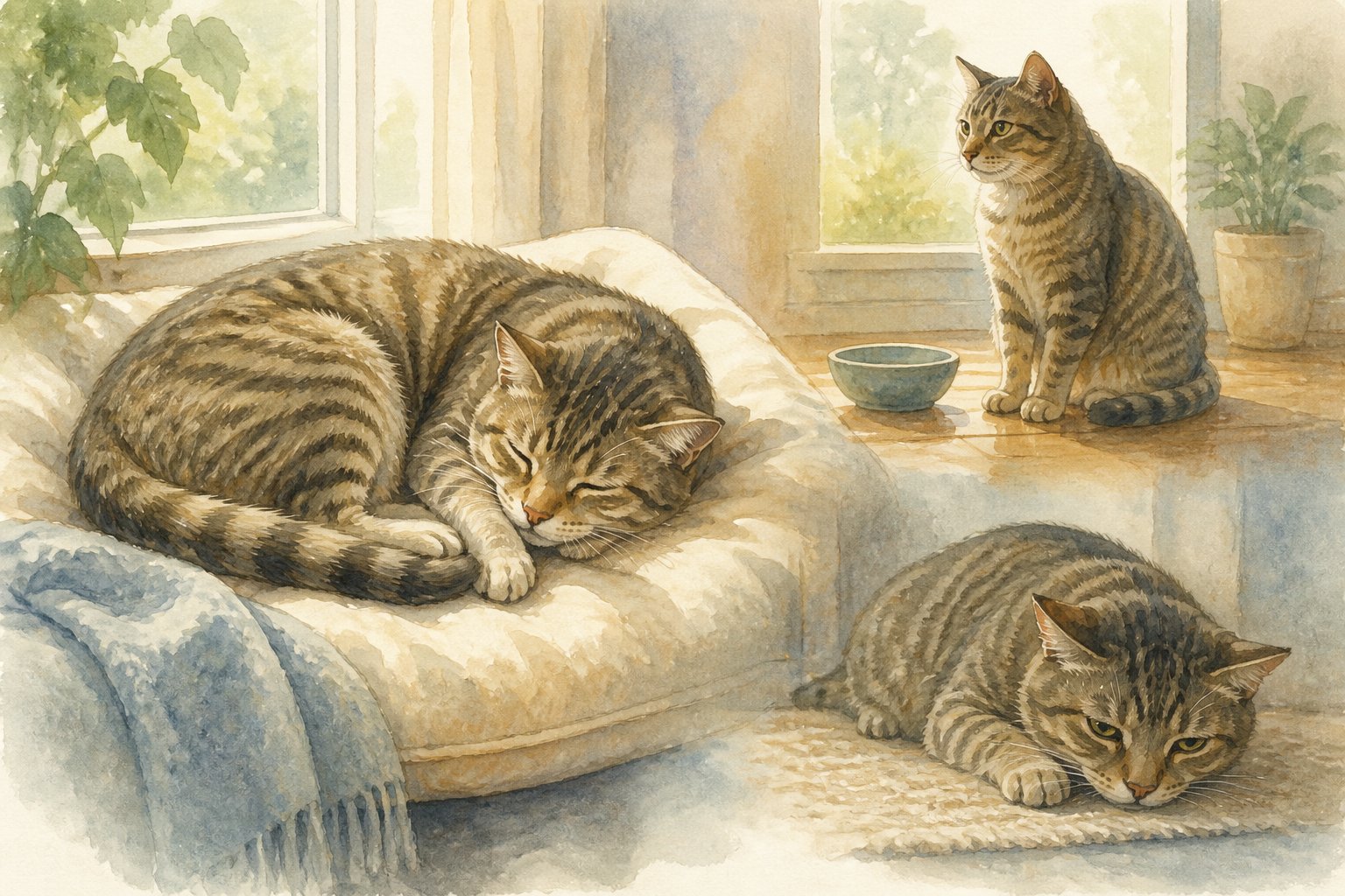 A cat sleeps peacefully on a cushion while another view shows it sitting quietly near a food bowl.