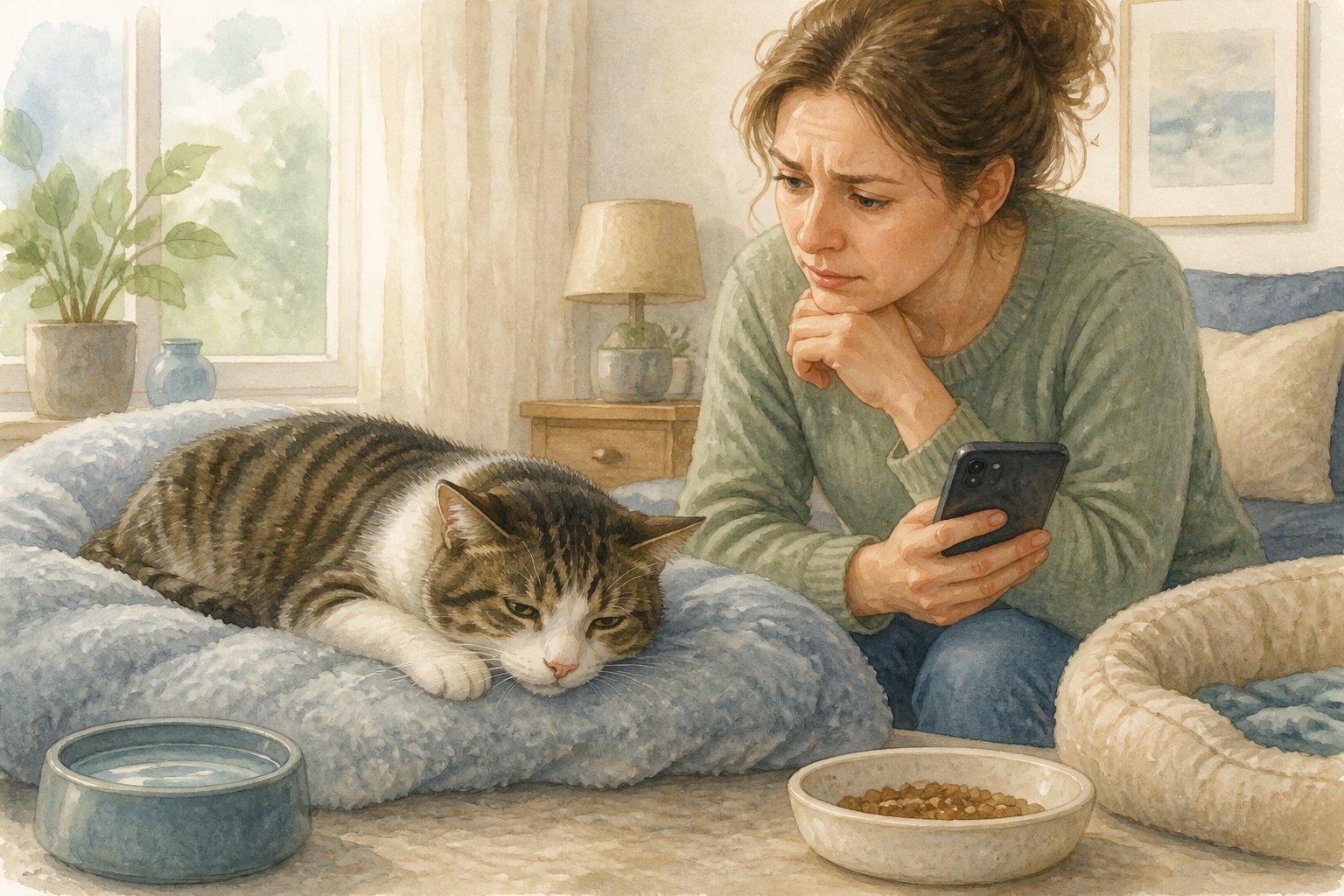 A concerned owner watches a lethargic cat resting on a blanket beside its food and water bowls.