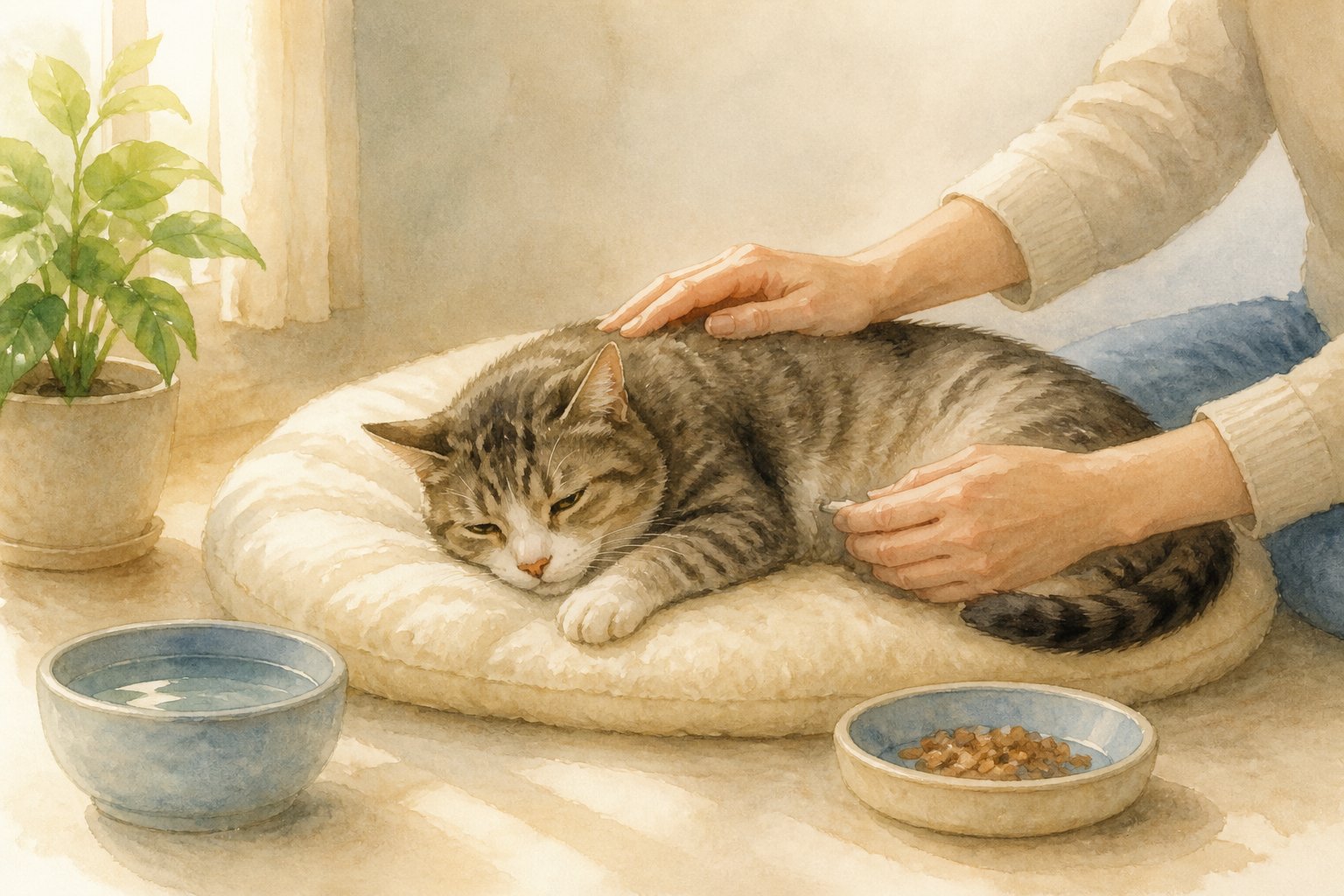 A cat sleeps quietly on a cushion while a person gently checks on it beside food and water bowls.