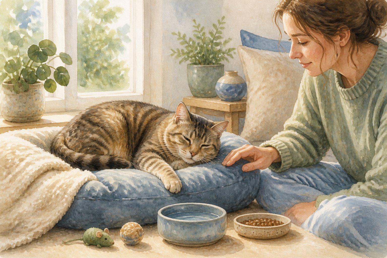 A relaxed cat rests on a cushion while a person gently watches nearby in a cozy room.